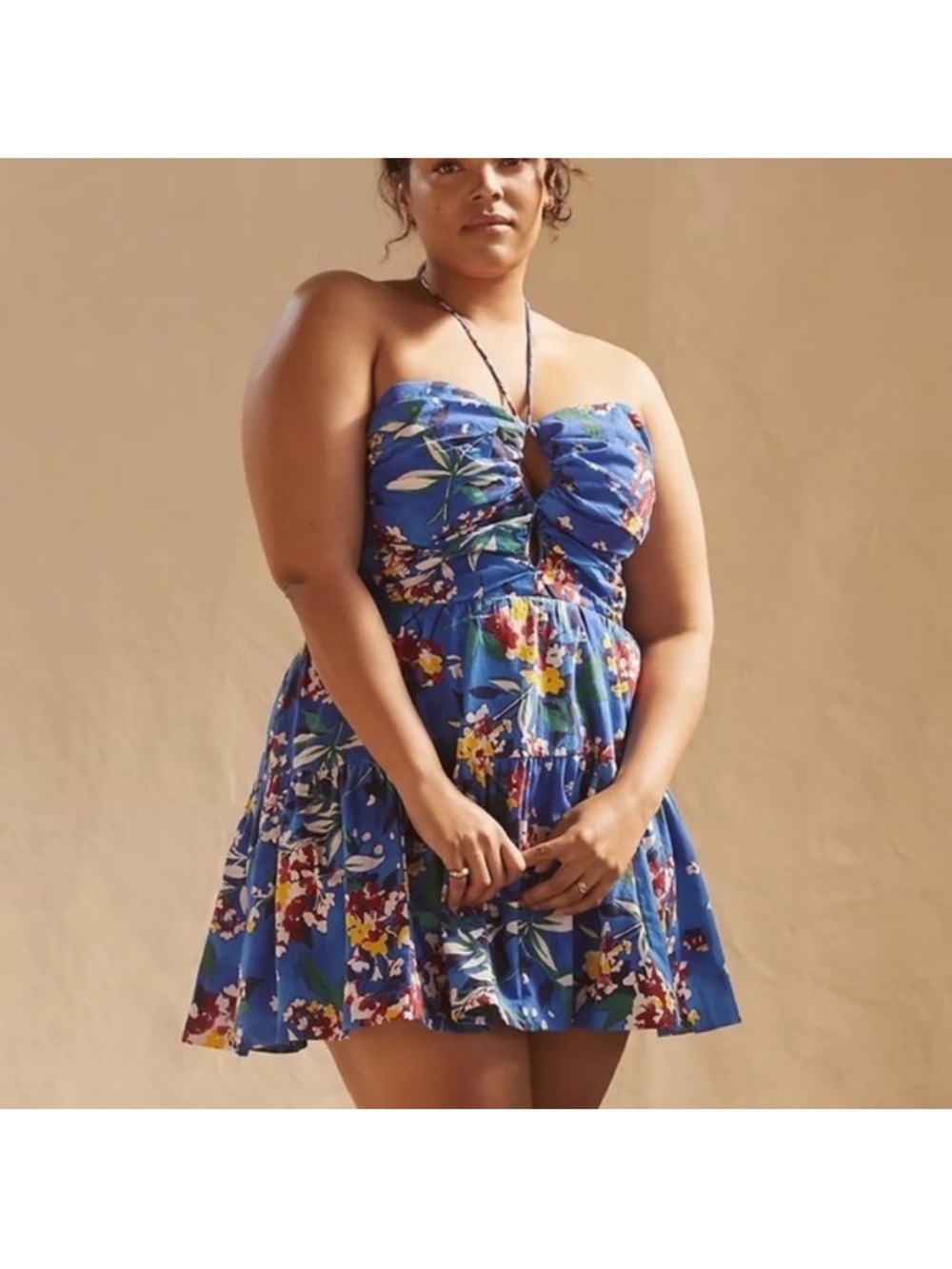 ANTHROPOLOGIE nwt Emily Floral Halter Mini Dress Beachy Blue Hawaiian Floral